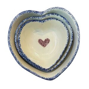 Vintage Heart-Shaped Ceramic Bowls Nesting Set of 3 Splatter Sponge